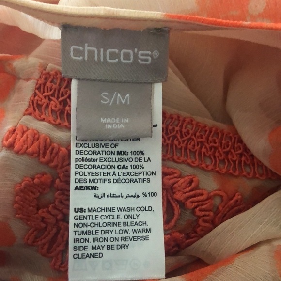 Chico’s Embroidered Printed Poncho Sz. S/M Orange Tan Sheer Batwing Summer Happy - Picture 7 of 8
